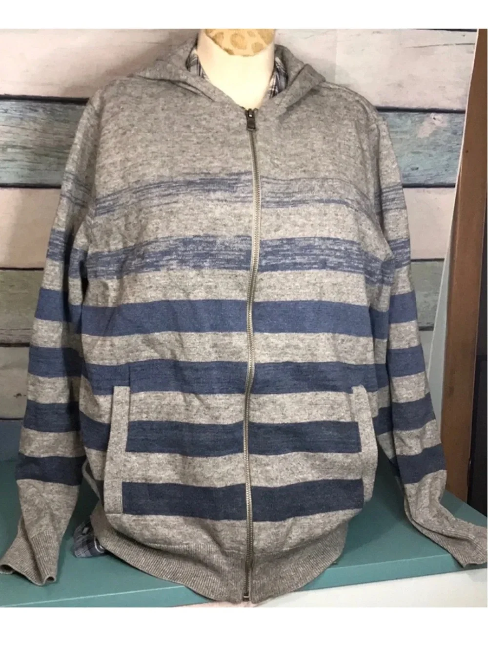 Banana Republic full zip hoodie grey blue striped cotton sweater men size L